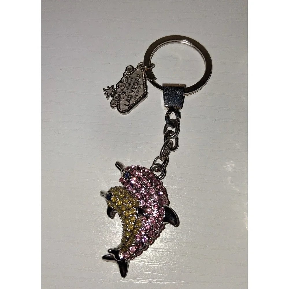 Las Vegas Dolphin Rhinestone Keychain Pink Yellow Crystal Bling Souvenir